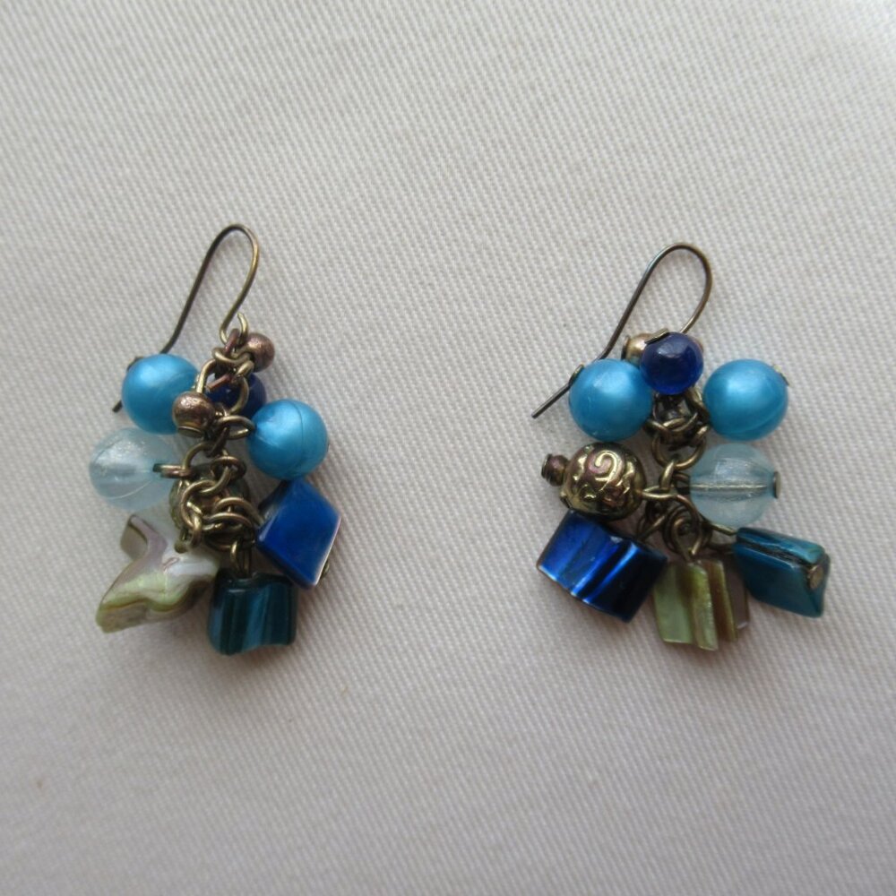 Blue & Gold Dangle Cluster Drop Earrings Beads Multi Color Irregular Shapes
